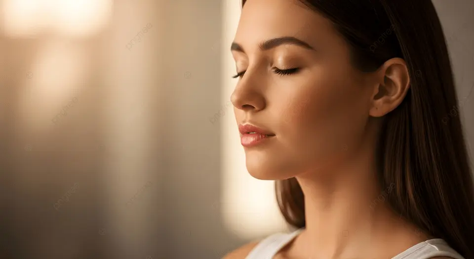 柔らかな日中の光の中で、目を閉じて深呼吸をする女性の写真。