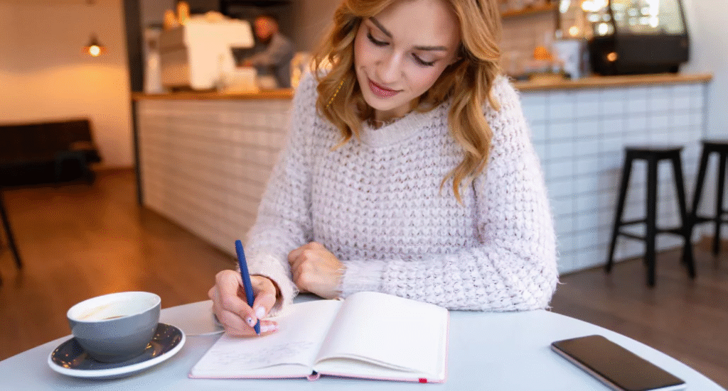 明るい窓辺でノートに感謝の言葉を書き込む女性。アファメーションを実践しながら心を整える morning routine。