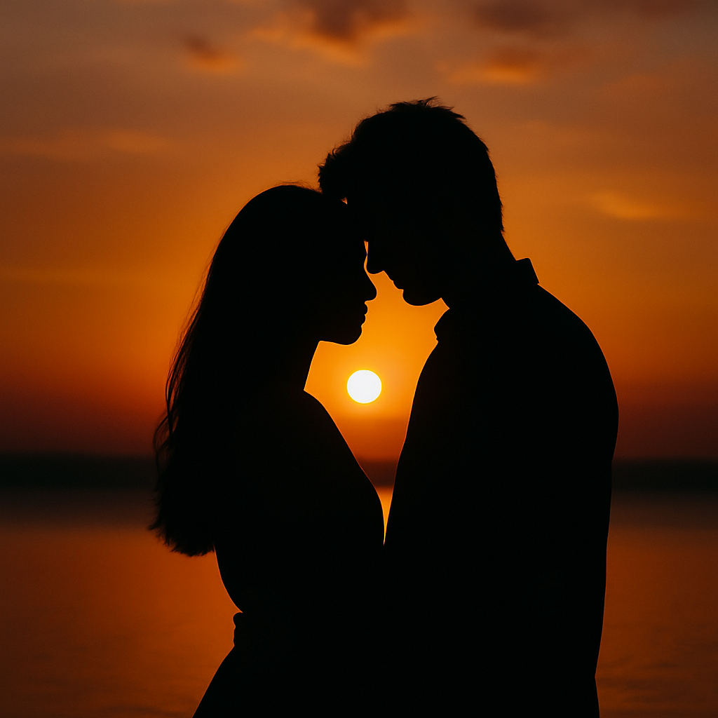 夕日を背景に、男女が寄り添って立つシルエット写真。オレンジ色の空に二人の距離の近さが際立ち、心のつながりや優しい関係性を象徴している。