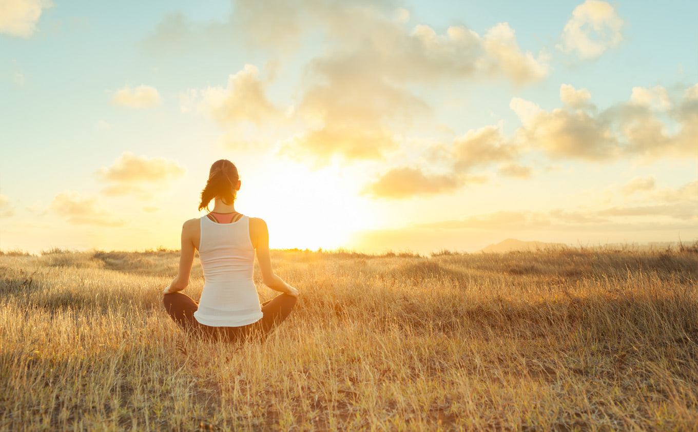 「青空の下、草原に座って後ろ姿で遠くを見つめる女性。自然の中で心を整える情景。」