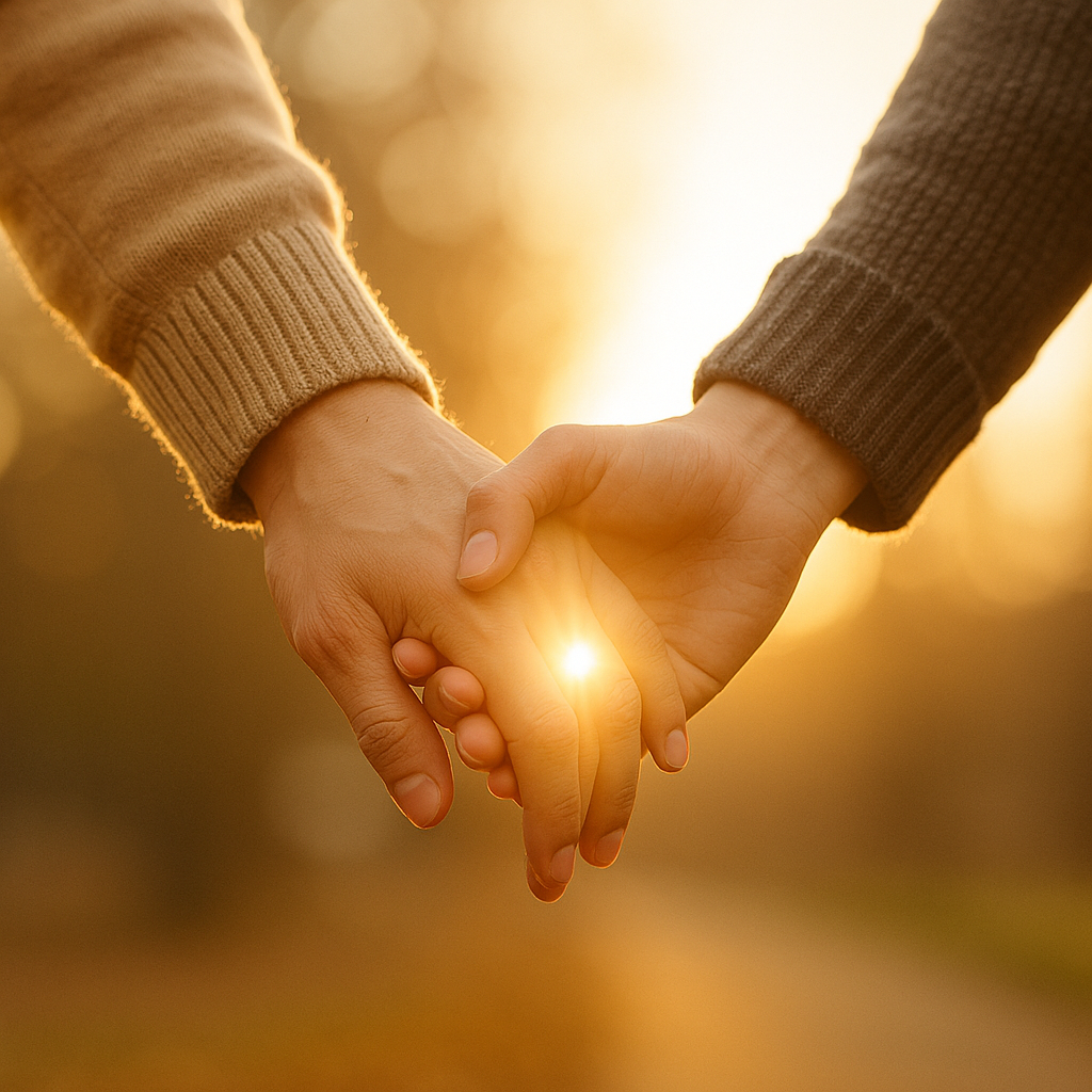 手を取り合う男女の手元に柔らかい光が差す写真。感謝と愛のアファメーションを象徴している。