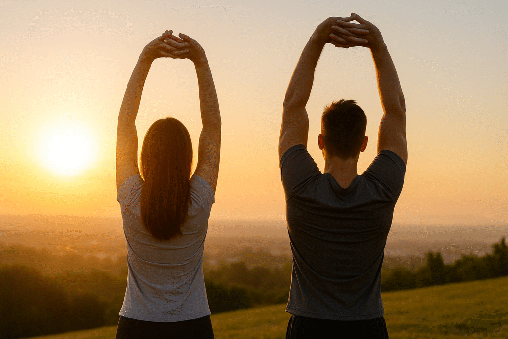 朝の太陽を背景に、男女が後ろ姿で腕を上げて伸びをしている写真。
一日の始まりにエネルギーを感じる健康的な朝習慣を象徴しています。