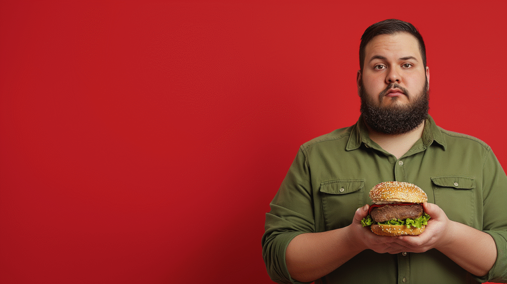 ハンバーガーを持つ肥満男性の写真。夜の食べすぎや高カロリーな食事が太りやすい原因であることを表している。
