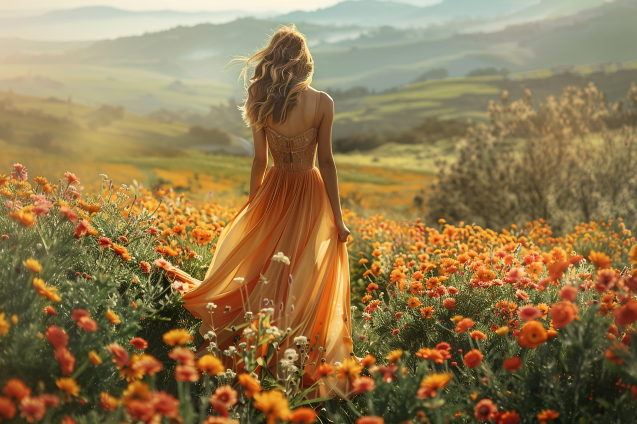 丘の上のオレンジの花畑で、オレンジ色のドレスを着た女性が後ろ姿で遠くの山並みを見つめている様子。