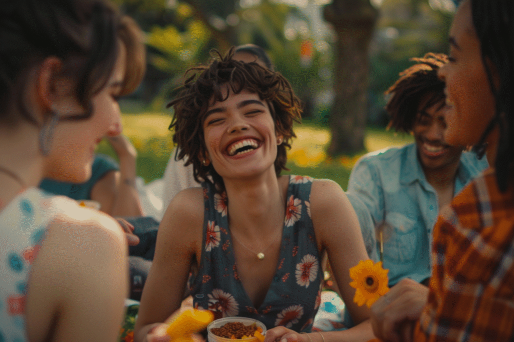 屋外で女性3人が笑顔で座って会話している写真。温かいコミュニケーションを象徴するシーン。