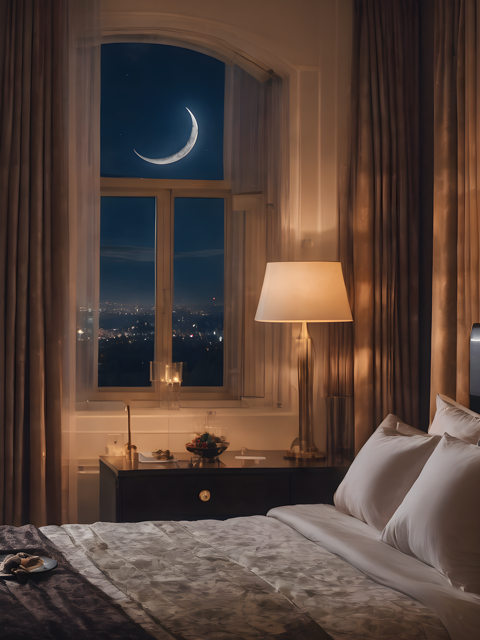 夜の寝室に差し込む柔らかな灯り。リラックスして心を整える夜の風景