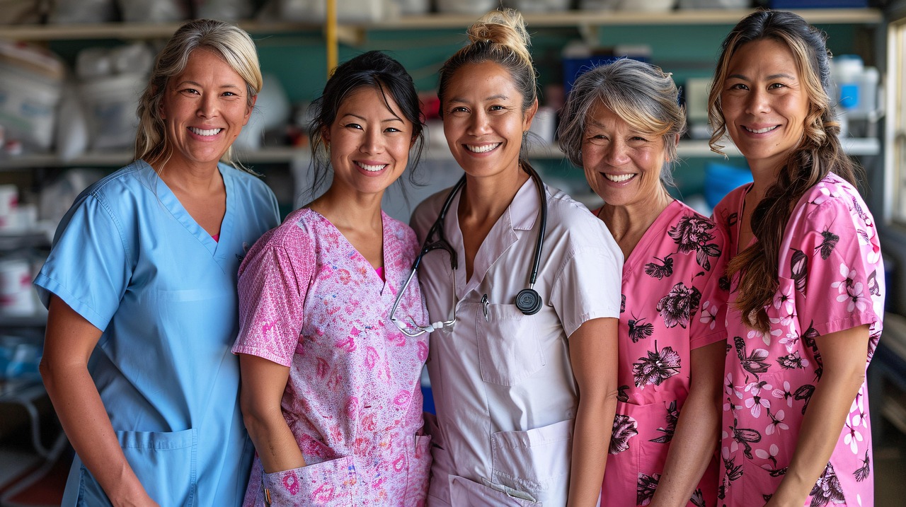 「笑顔で並ぶ女性看護師5名、医療用の制服と聴診器を身に着け、カメラに向かってポーズ」