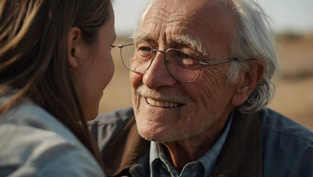 「高齢の男性利用者が笑顔で女性看護師を見つめている写真。信頼関係と安心感が伝わる訪問看護のワンシーン。」