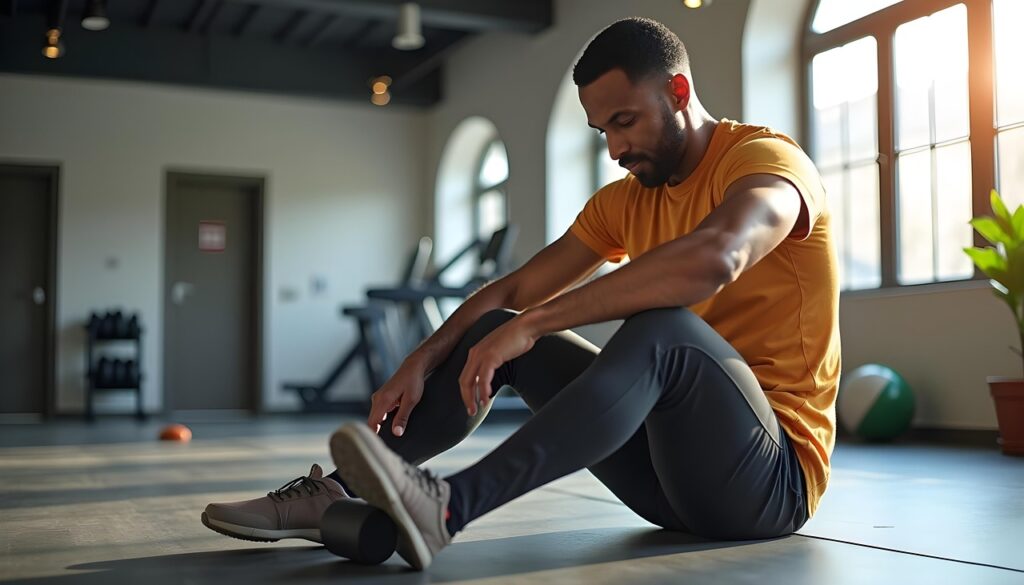 スポーツジム内で座り、汗を拭きながらインターバル休憩をとる男性。無理せず工夫しながらトレーニングを継続している様子。