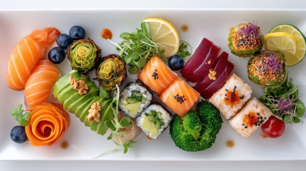 白いプレートの上にアボカド、サーモン寿司、ブロッコリー、ミニトマト、ブルーベリーなどが彩りよく盛られた健康的な食事の写真。筋トレ後の回復食を表現。