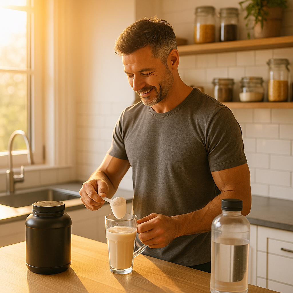朝日が差し込むキッチンでプロテインを作る40代男性の写真。健康的な朝のルーティンと栄養補給を象徴しています。