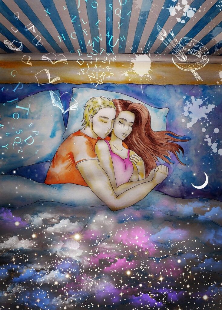 男女が横になり、目を閉じて寄り添うように抱きしめ合う絵画タッチのイラスト。静かな安心感や心の癒しを表すシーン。