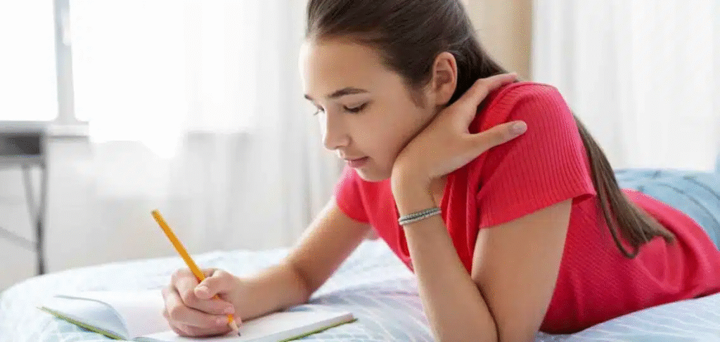 ベッドに座り頬杖をついてノートに書き込む女性。朝の光が差し込む穏やかな時間の中で、自己暗示とアファメーションに取り組む様子を表した写真。