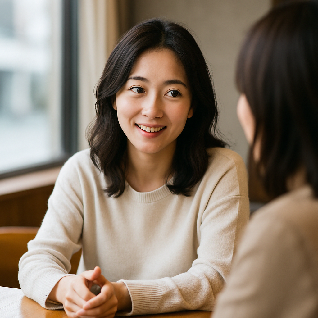 「カフェで穏やかな表情で会話する女性。柔らかな光の中で相手と向き合っている様子。」