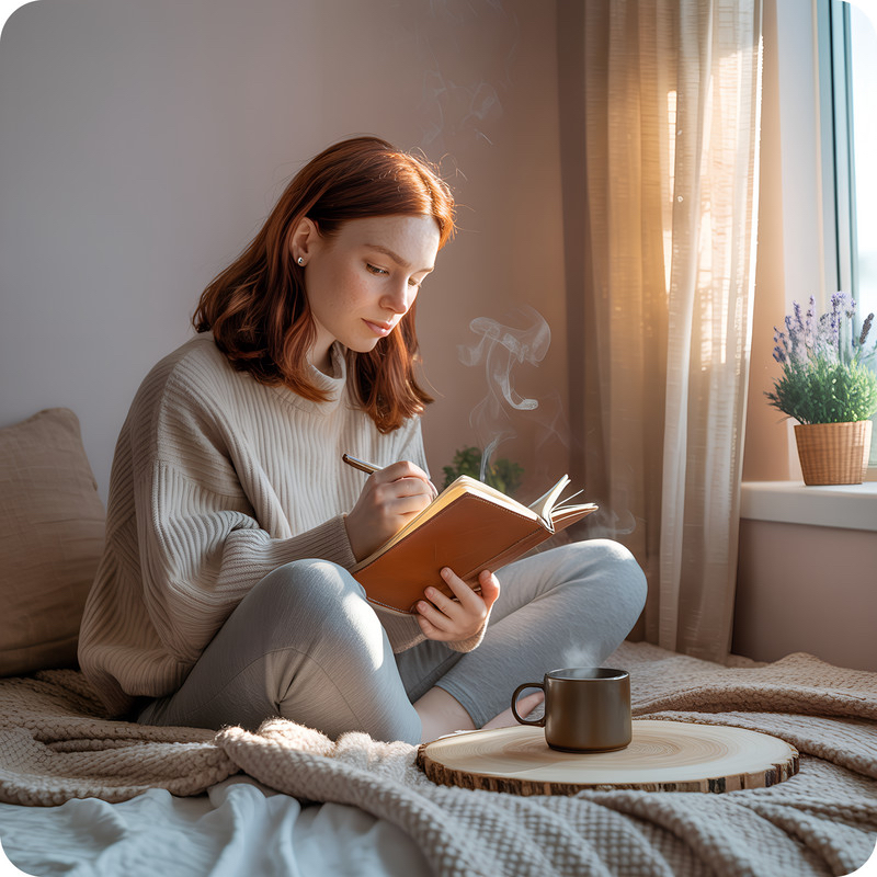 窓から差し込む朝日を浴びながら、ベッドの上でノートに思いを書き込む女性。恋愛アファーメーションに取り組む様子。