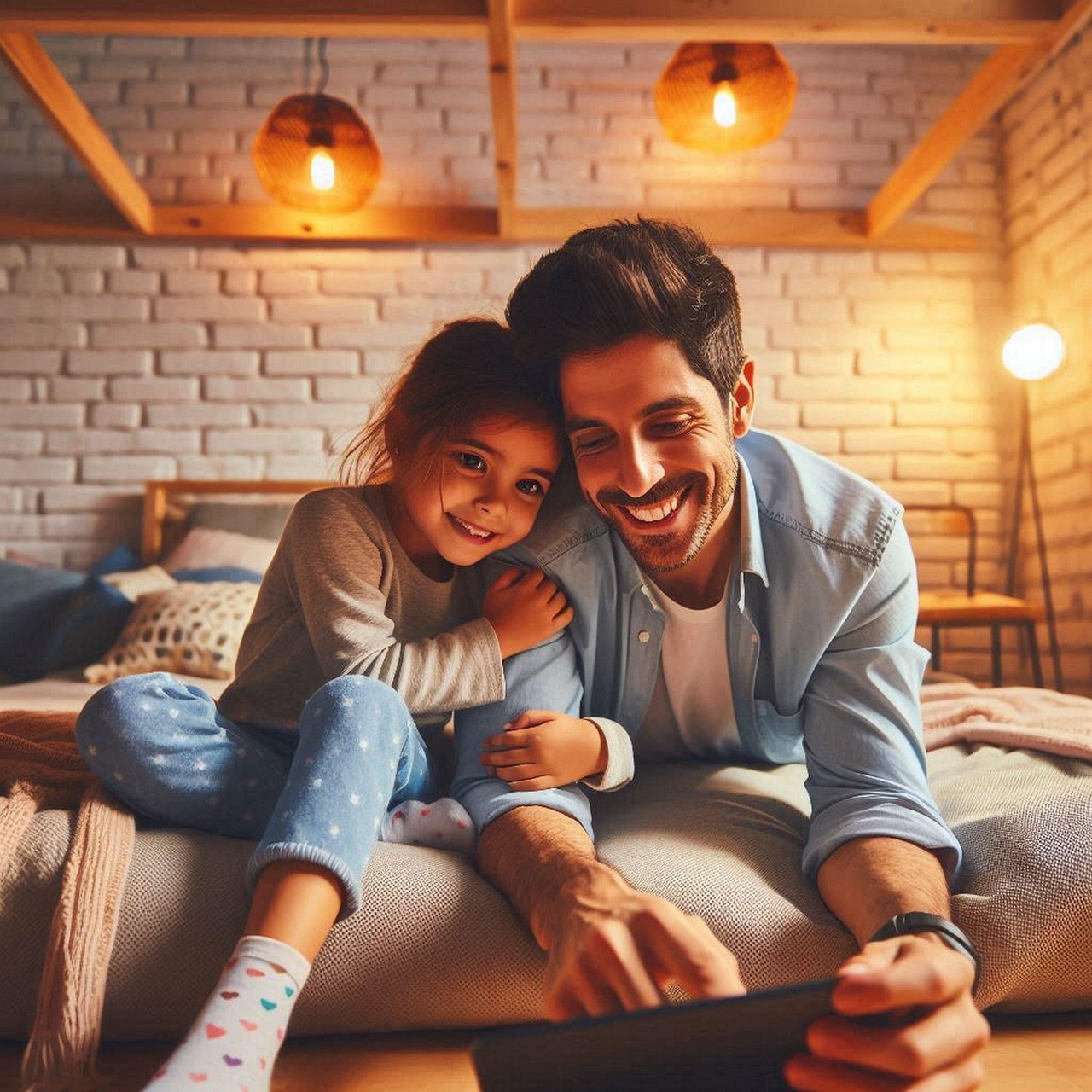 「室内でパパと娘がタブレットを眺めながら笑顔で楽しむ様子」