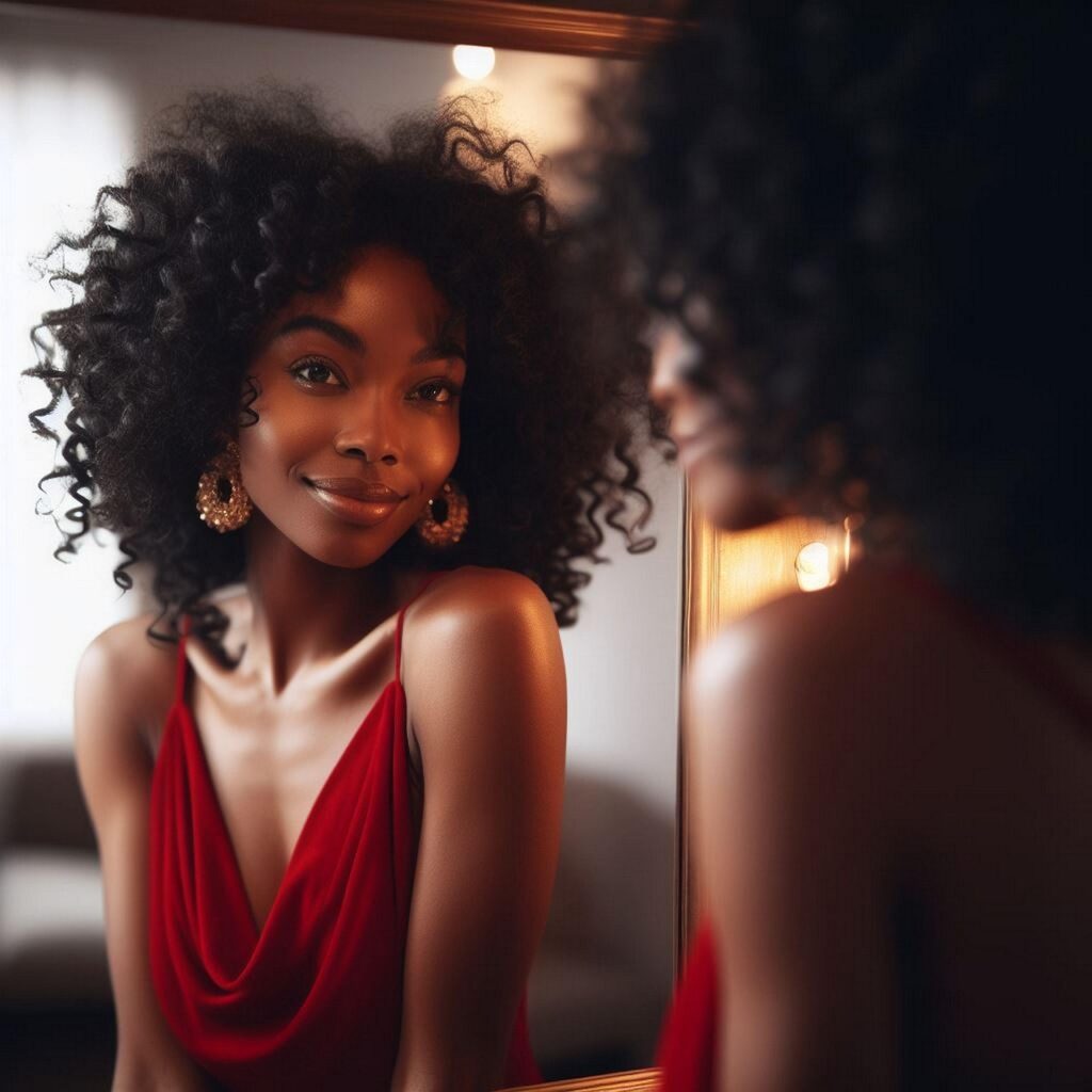 鏡の前で自分自身を見つめながら微笑んでいる女性。前向きなセルフイメージを育てる自己暗示・アファメーションの象徴的シーン。