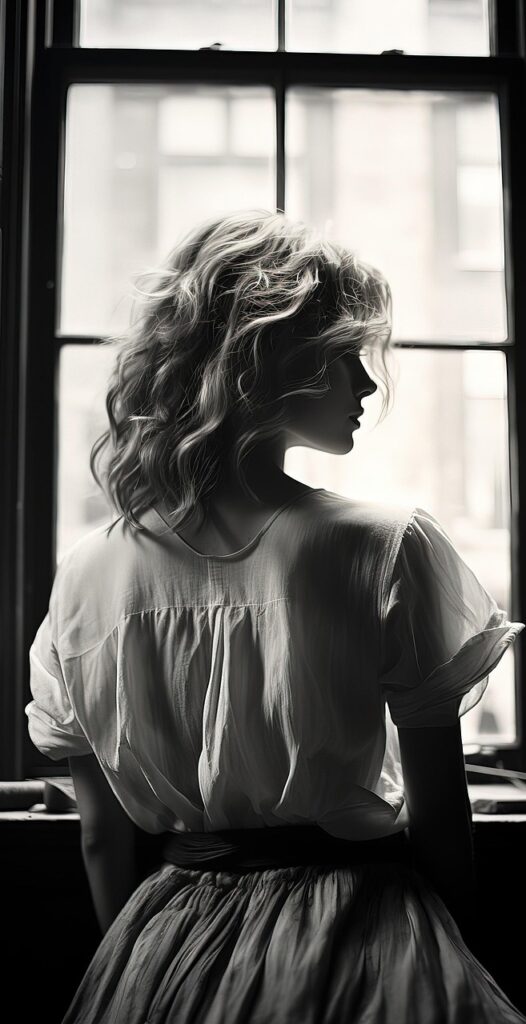 モノクロの窓辺で目を閉じている女性。静かな時間を過ごしながら心を整えている様子。