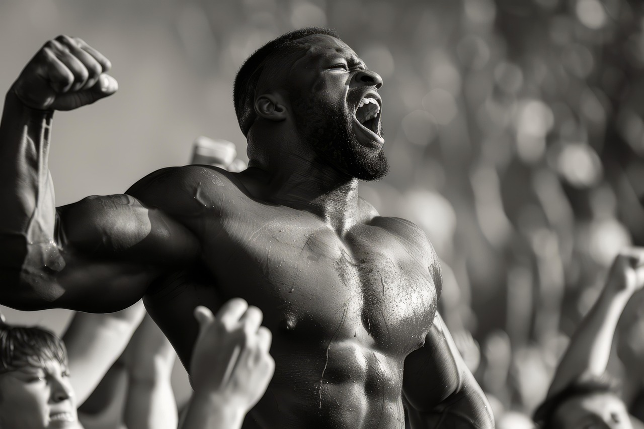 観衆の前でガッツポーズを決める筋肉質な男性の写真。努力と継続で理想の体を手に入れた40代男性の達成感と喜びを象徴している。