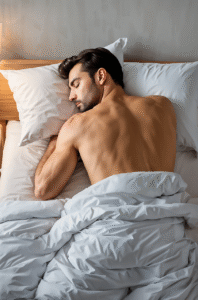 ベッドで横になり休息を取る40代男性の写真。十分な睡眠が筋肉の回復と成長を支えている様子。