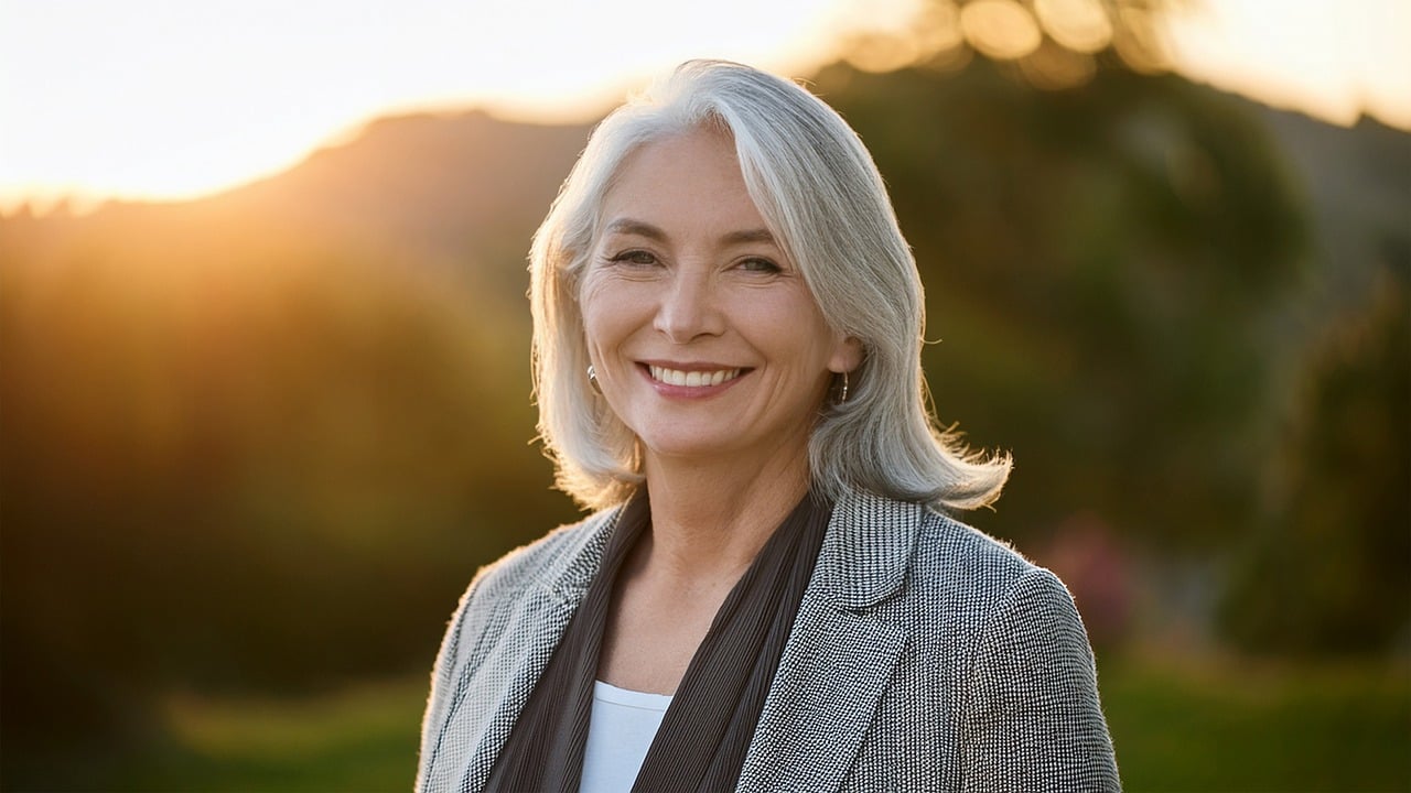 「夕日の中で微笑むジャケット姿の女性。落ち着いた表情が印象的。」