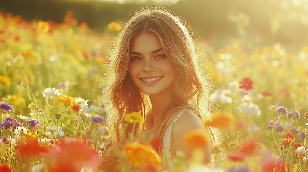 色とりどりの花に囲まれ、穏やかな笑顔を見せる女性の姿は、ポジティブな言葉が心を癒し、未来を照らす力を象徴しています。アファメーションは、日常の小さな選択や行動を変え、人生の流れを明るい方向へ導いてくれます。