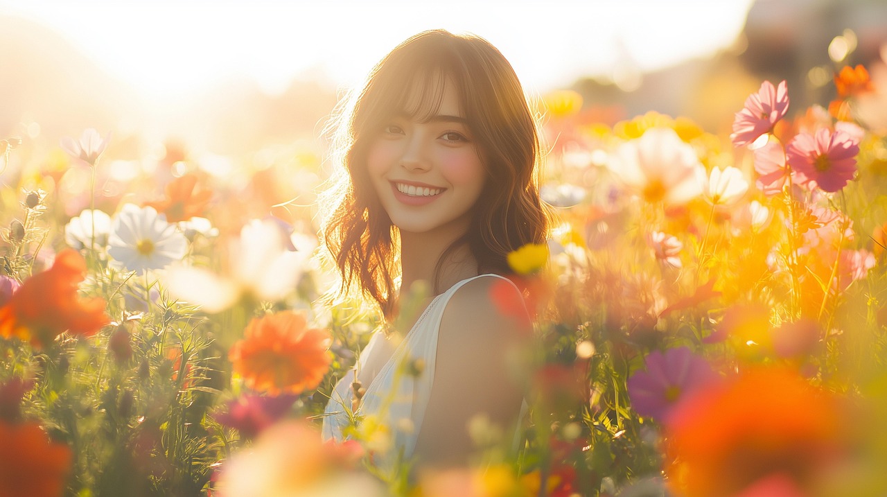 朝日の中、お花畑で微笑む女性の姿。色とりどりの花に囲まれた穏やかな朝の風景。