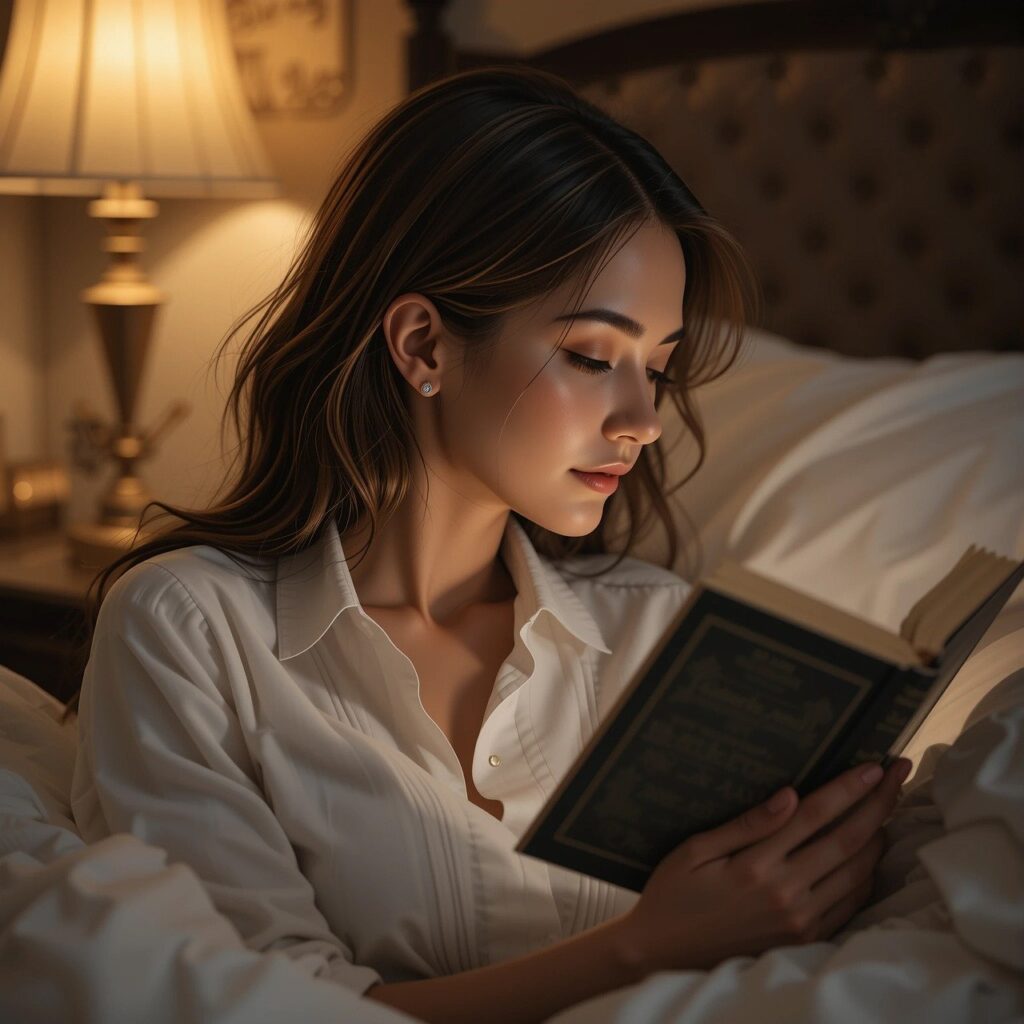 夜のベッドサイドで本を読みながら穏やかに過ごす女性の写真。心を落ち着かせる静かな時間を象徴。