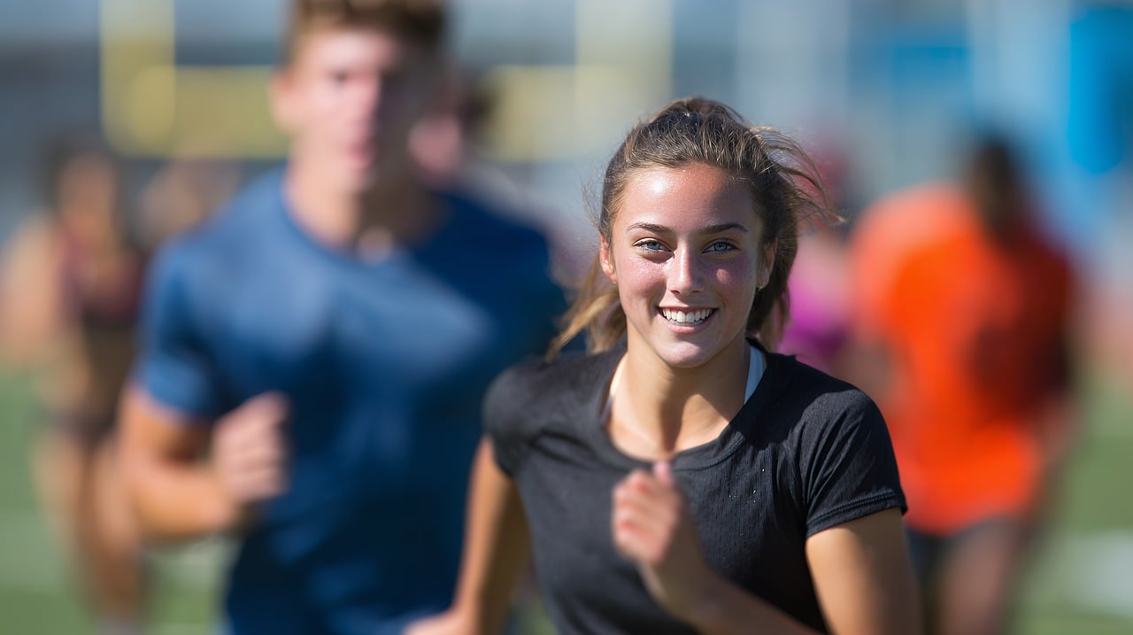 屋外のランニングコースを笑顔でジョギングする女性の姿。楽しさと前向きなエネルギーが伝わる、健康的なスタートを象徴する一枚です。