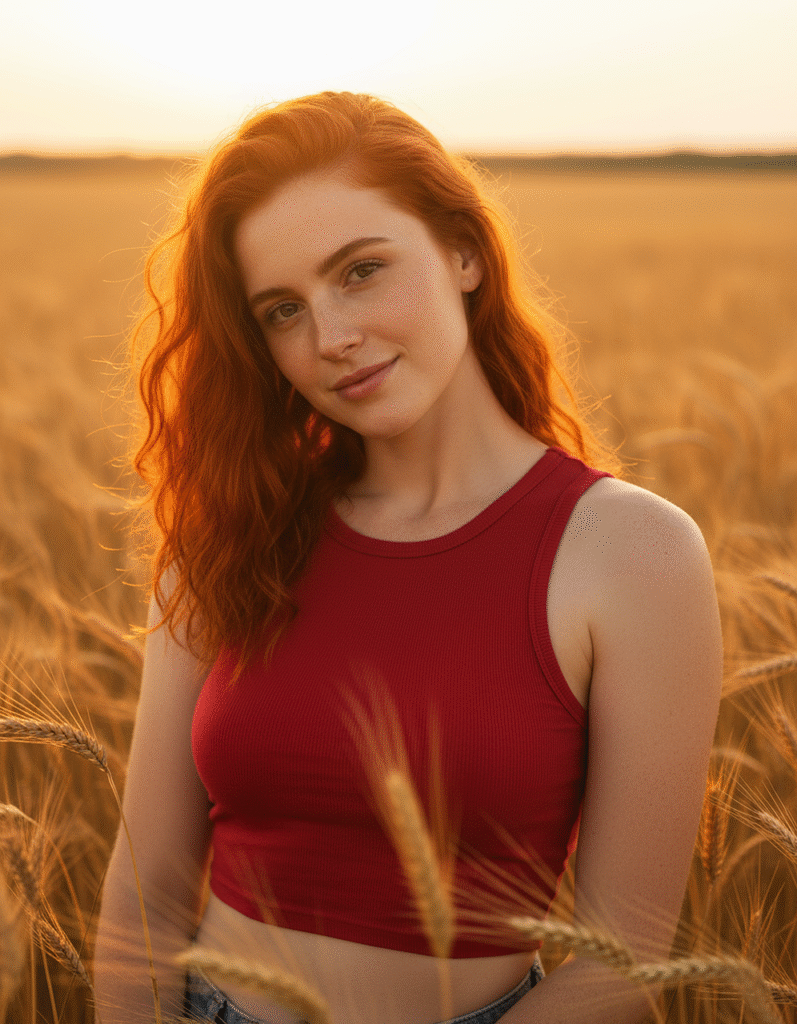 夕焼けの小麦畑で、こちらに微笑みかける女性。心が静かにほどけていくような穏やかな雰囲気。