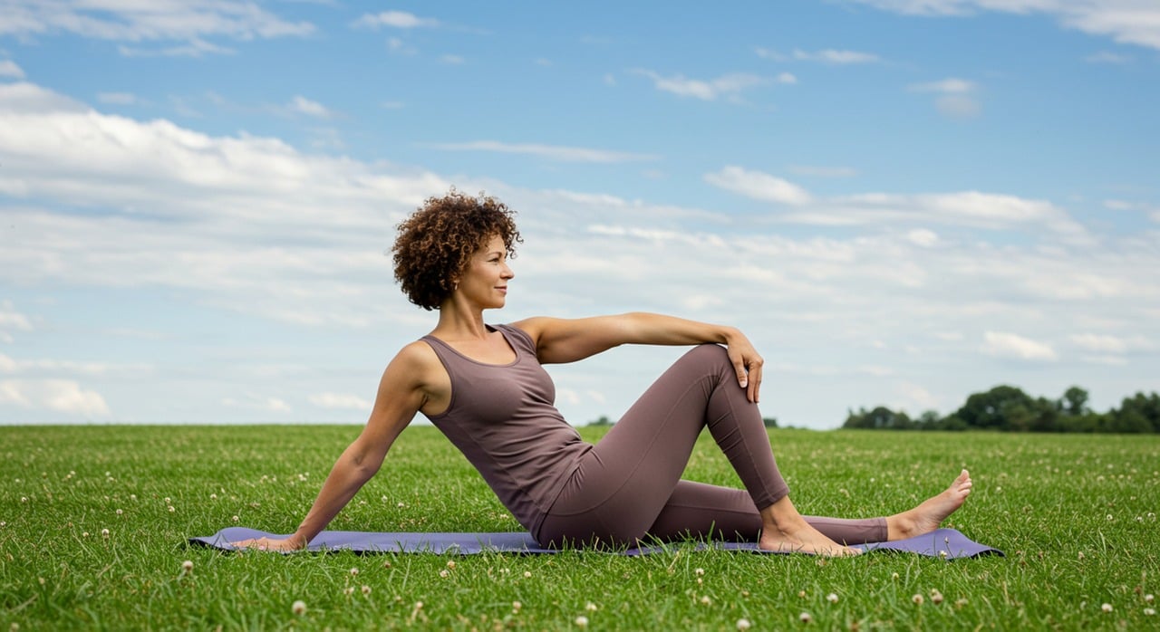 芝生の上でヨガストレッチをする女性の時短トレーニング風景