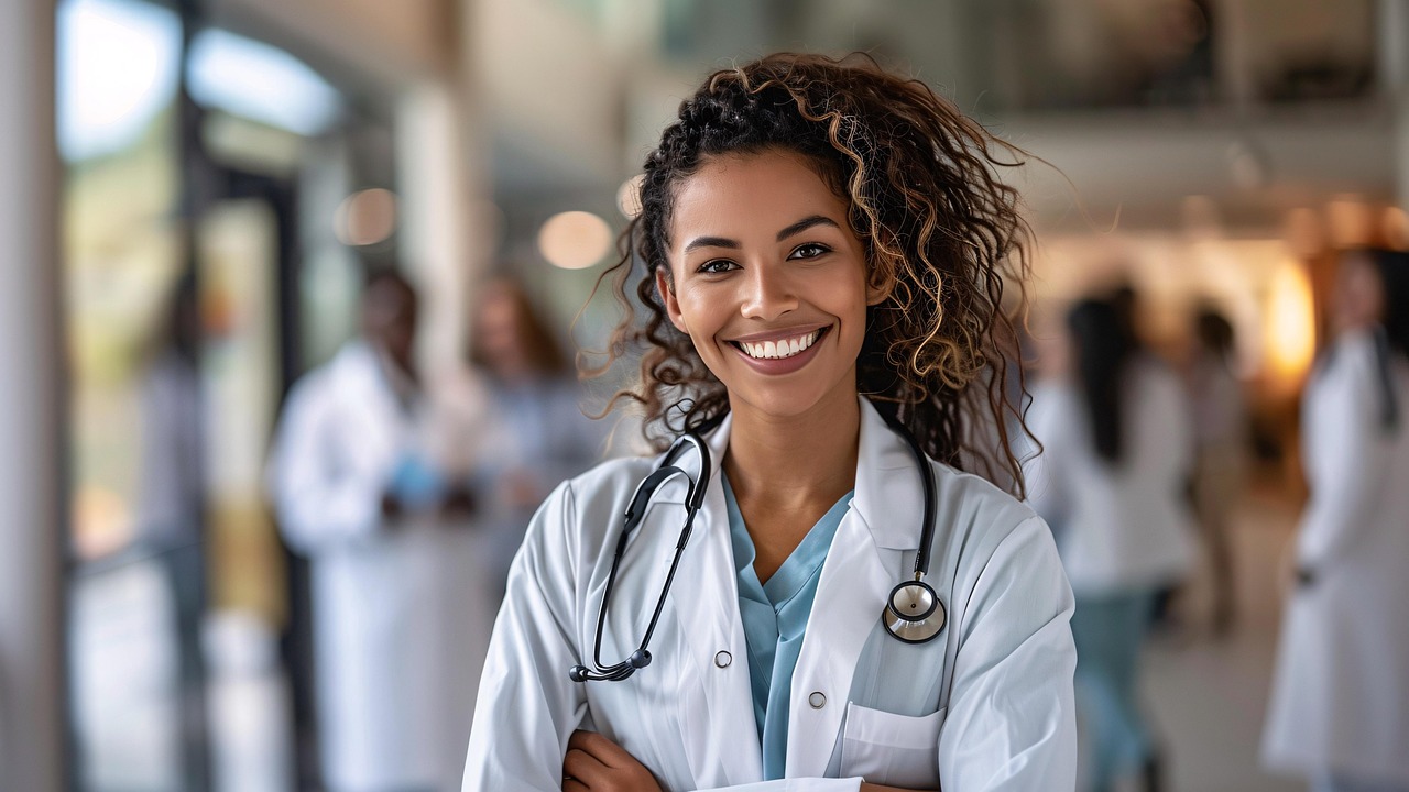 白衣を着た若い女性看護師が聴診器を首にかけて笑顔でカメラ目線。背景に複数の白衣のスタッフがぼやけて映り、明るい病院内で希望を感じさせる写真。