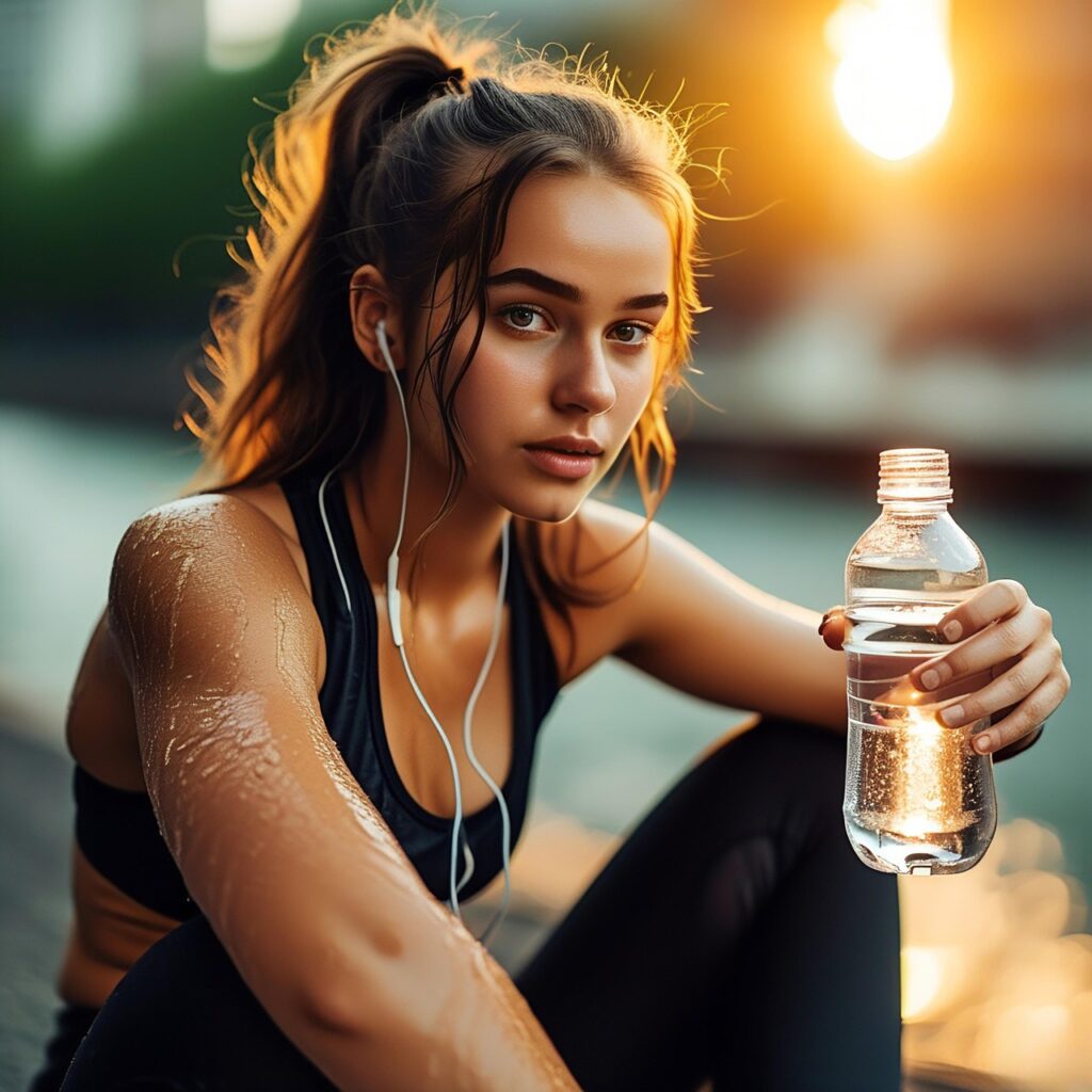 汗をかきタンクトップ姿の女性が座り、水を飲む直前の写真。運動後の休息と栄養補給を連想させるシーン。