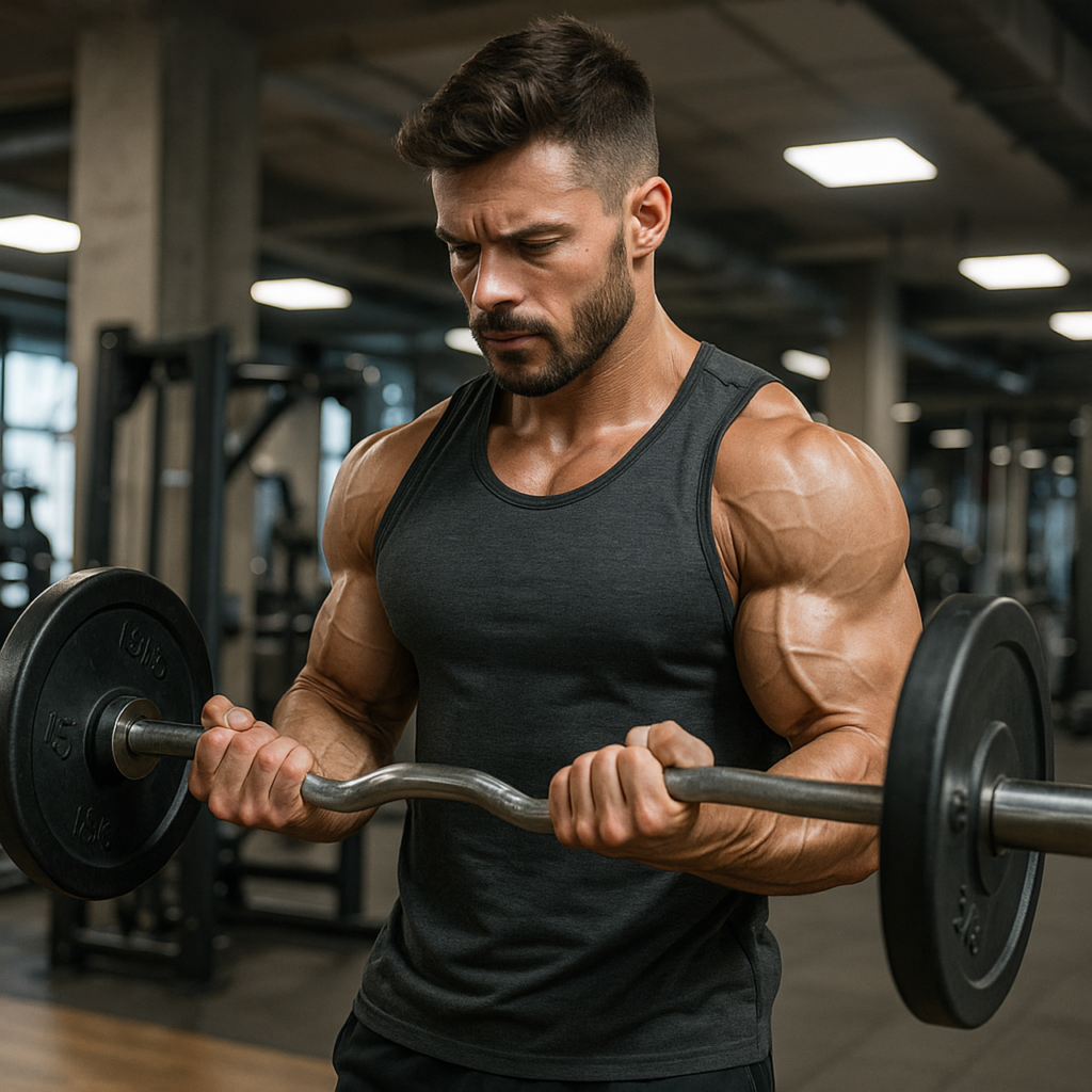 タンクトップ姿の40代男性がイージーバーでアームカールを行っている写真。
短髪で髭を生やした筋肉質な体は、二頭筋と上腕の発達が明確に見え、
年齢を超えて筋肉が成長することを示すビジュアルになっている。