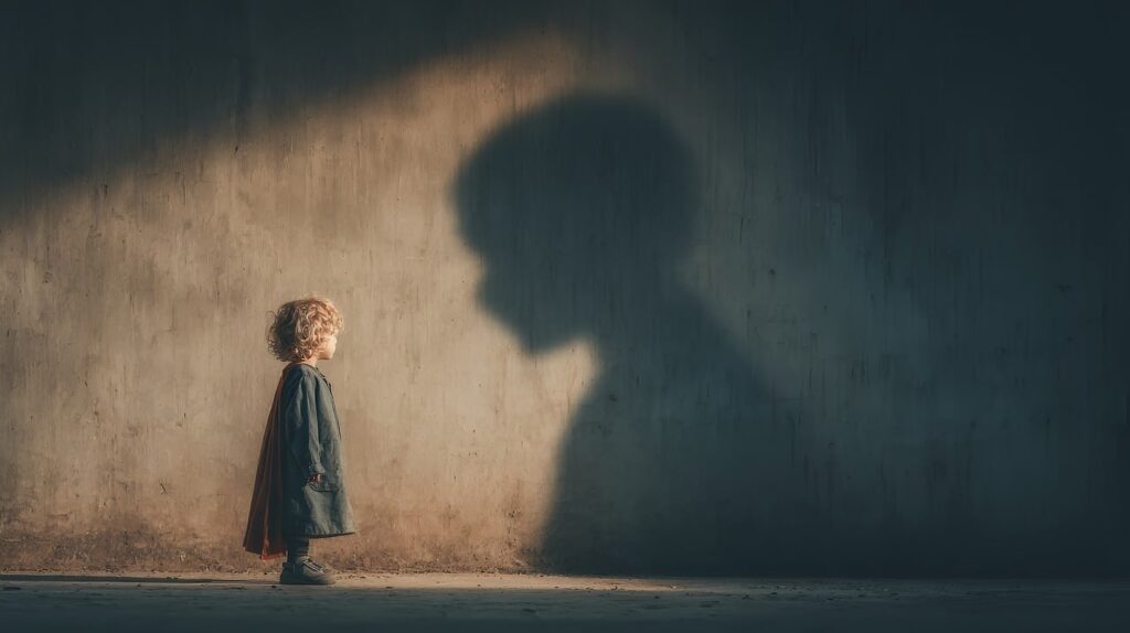 暗い部屋の中に立つ少年。背景の壁には大きな影が映り、少年と影が向かい合う形で存在している。孤独と疎外を象徴するような構図。