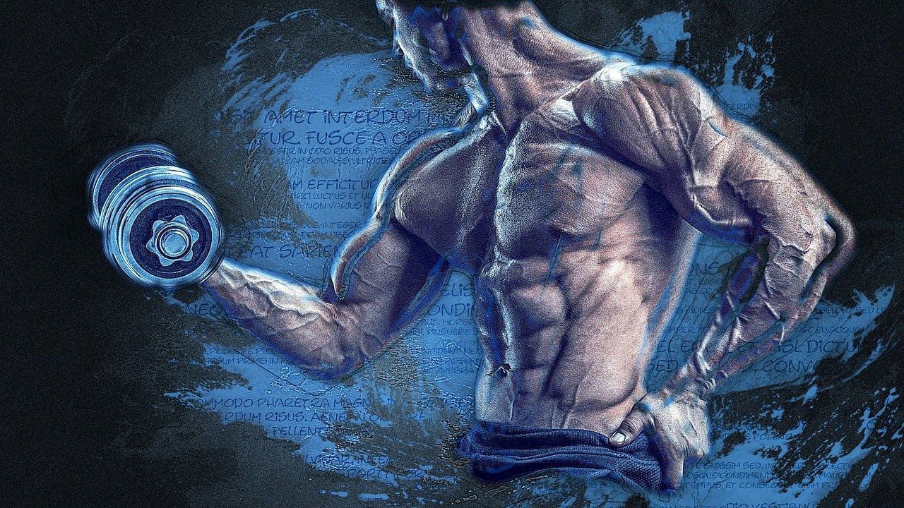 上半身裸で筋肉質な男性が右手にダンベルを持ちアームカールをしているイラスト。腹筋が割れた姿が描かれ、ボディメイクの強さと努力を象徴している。