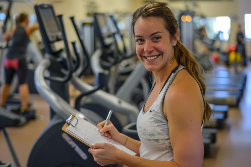 ジムで運動記録をノートに書きながら笑顔を見せる女性。トレーニングマシンが並ぶ室内で、前向きに運動を続ける様子。