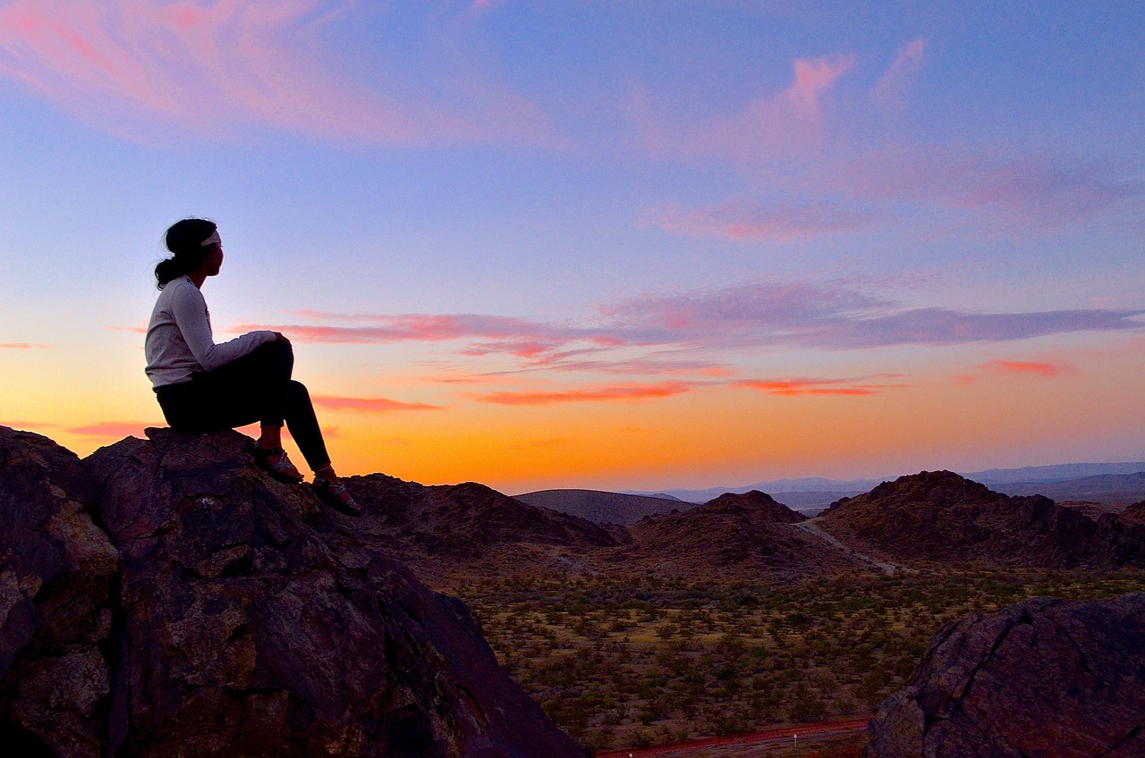 夕暮れの海を一人で見つめる女性の後ろ姿