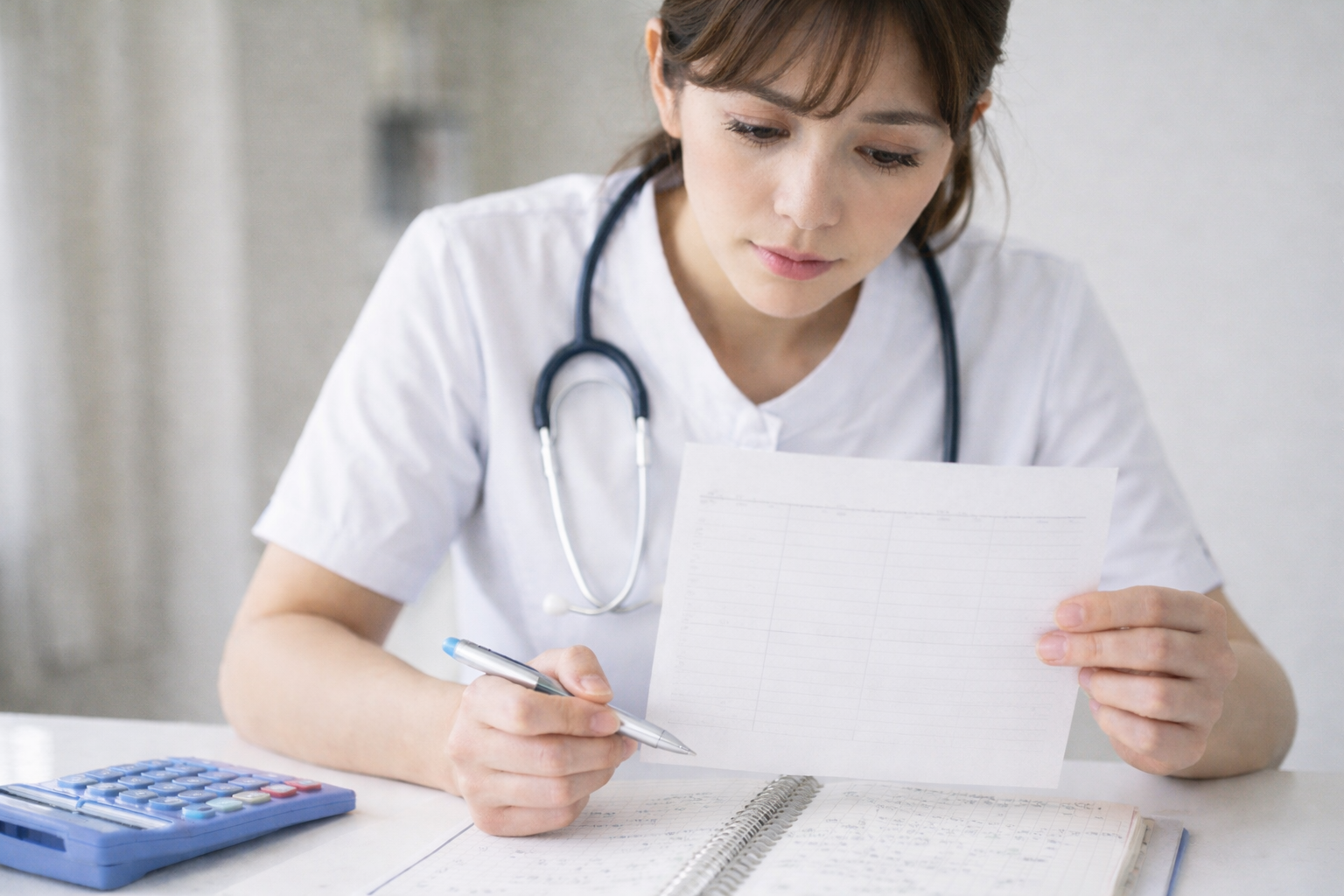 給与明細を確認しながら計算機で収支をチェックする看護師のイメージ写真