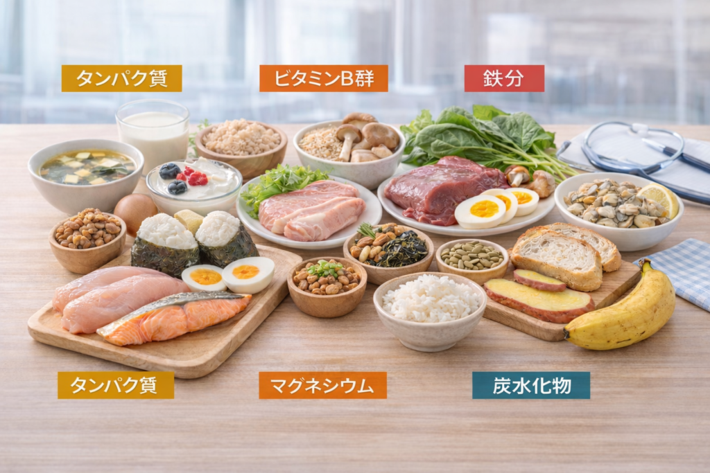 タンパク質・ビタミンB群・鉄分・マグネシウム・炭水化物を含むバランスの良い食材が並んだ健康的な食事イメージ