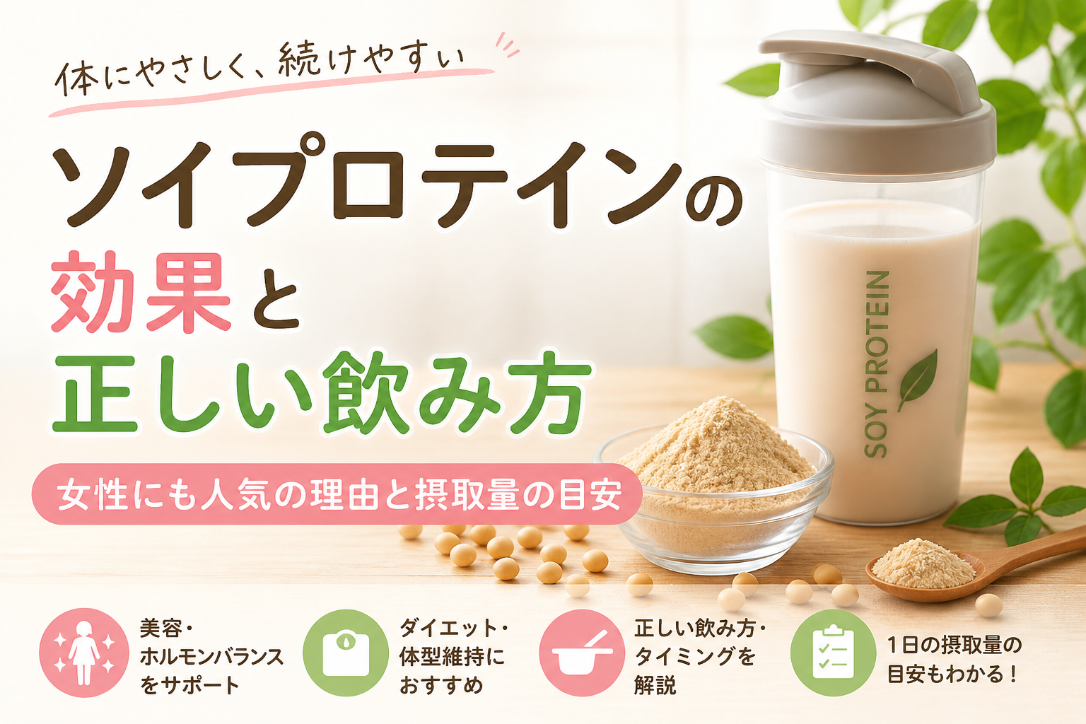 ソイプロテインの効果と正しい飲み方を解説するアイキャッチ画像。大豆とプロテインシェイクが配置された健康的なイメージ